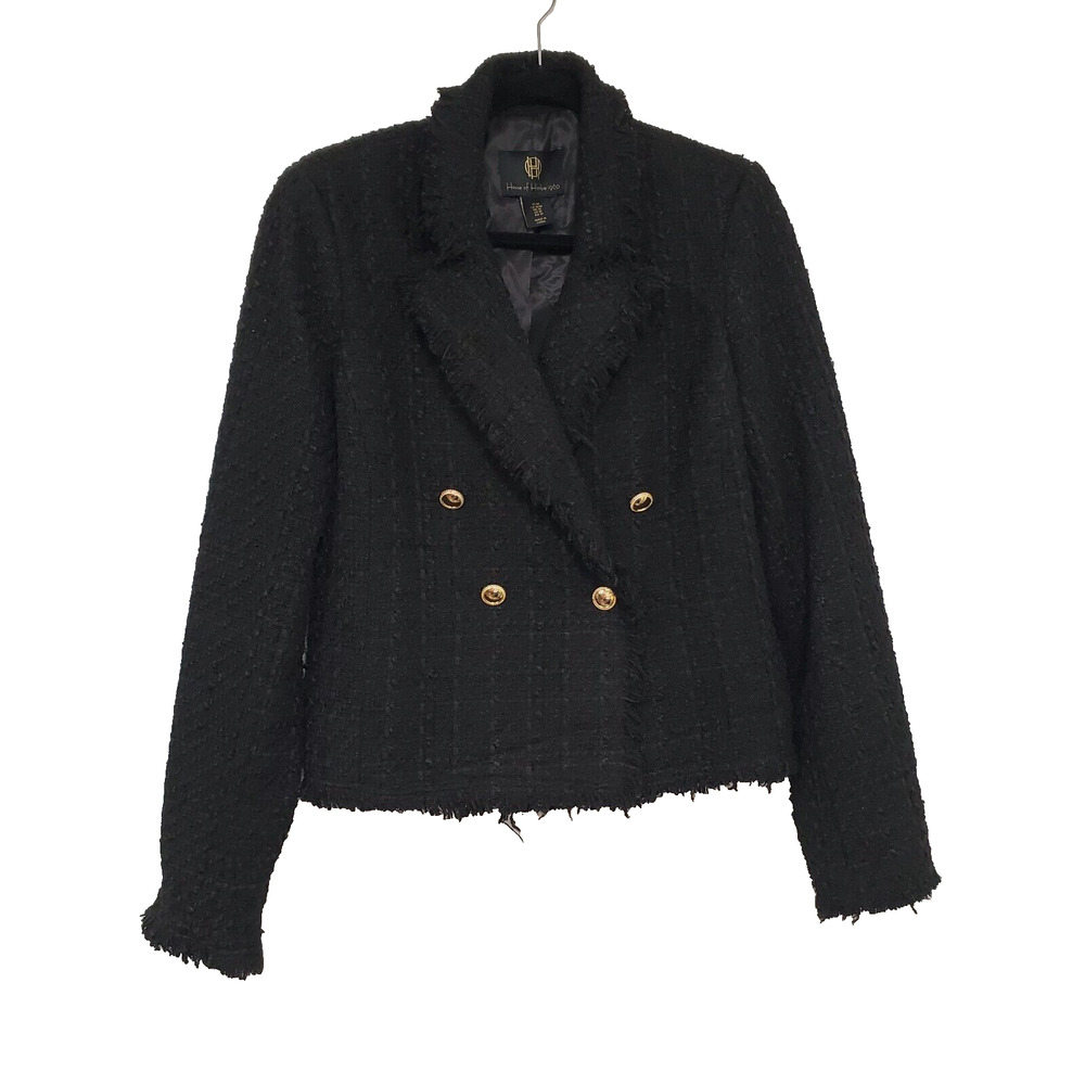 House of Harlow Black Tweed Blazer Women’s M Gold Button Crop Office Revolve